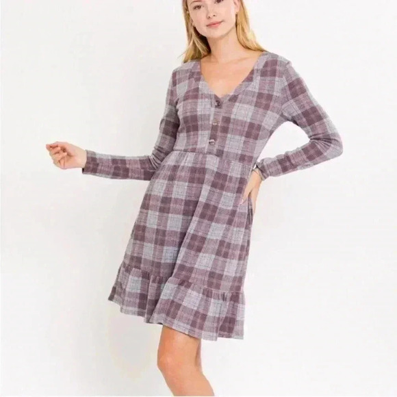 Womens Babydoll Long Sleeve Tiered Relaxed Dark Academia Plaid Peasant Dress 1X - Picture 4 of 10